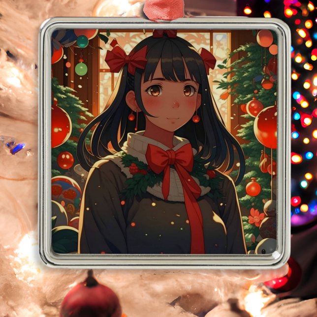 Festive Anime Girl on Christmas Night Metal Tree Decoration (Creator Uploaded)