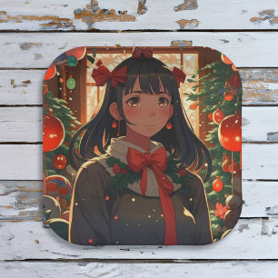 Festive Anime Girl on Christmas Night Paper Plate