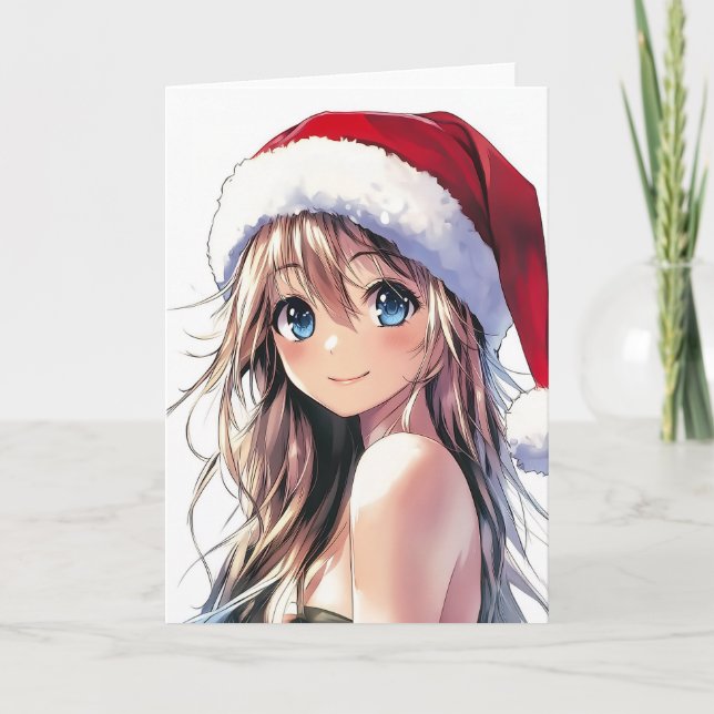 Festive Anime Girl Santa Hat with Bright Blue Eyes Holiday Card (Front)