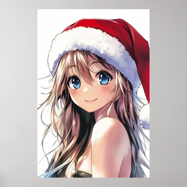 Festive Anime Girl Santa Hat with Bright Blue Eyes Poster (Front)
