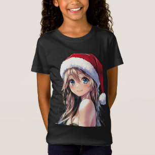 Festive Anime Girl Santa Hat with Bright Blue Eyes T-Shirt