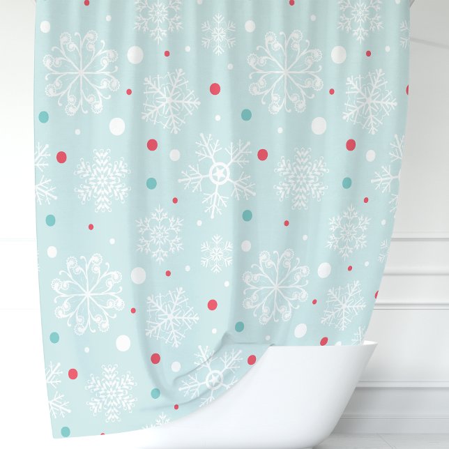 Festive Aqua Blue Snowflake & Polka Dot Shower Curtain (Creator Uploaded)