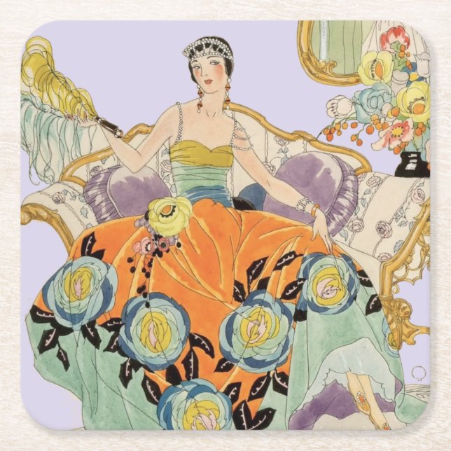 Festive Art Deco Lady Square Paper Coaster (Front)