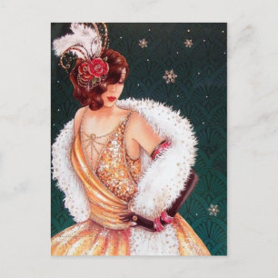 Festive art deco retro vintage Christmas lady Holiday Postcard