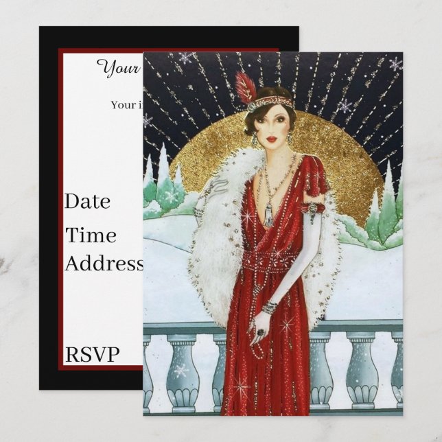 Festive art deco retro vintage Christmas lady Invitation (Front/Back)