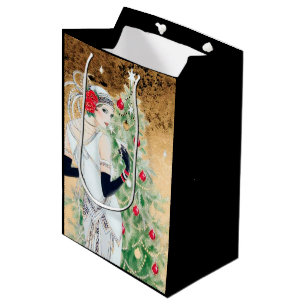 Festive art deco retro vintage Christmas lady Medium Gift Bag
