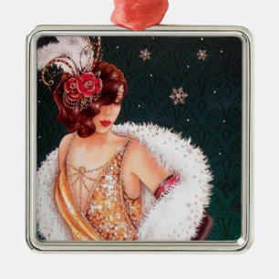 Festive art deco retro vintage Christmas lady Metal Tree Decoration