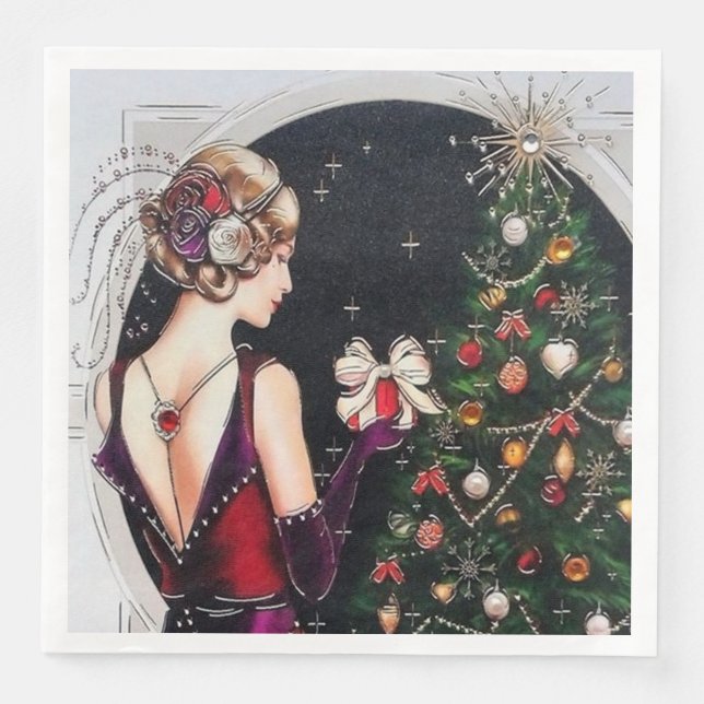 Festive art deco retro vintage Christmas lady Napkin (Front)