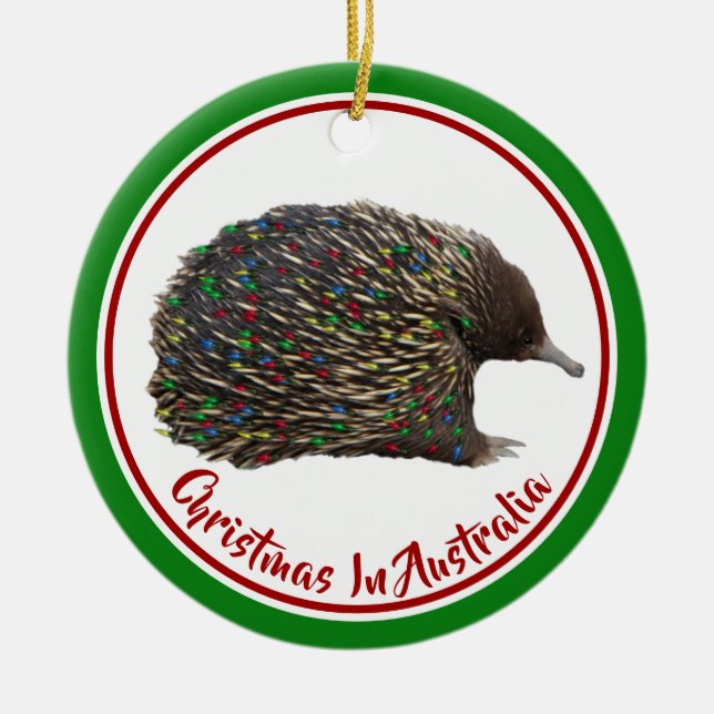 Festive Australia Echidna wearing Christmas Lights Ceramic Tree Decoration (Front)
