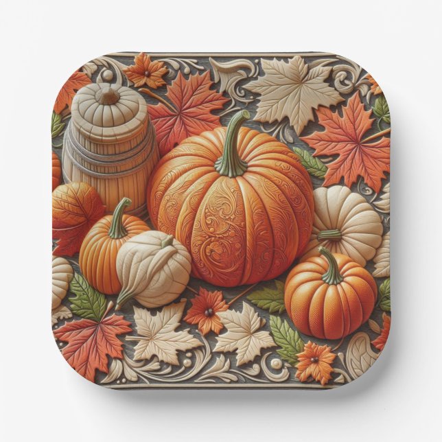 Festive Autumn Season Pumpkins Thanksgiving  Paper Plate (Front)