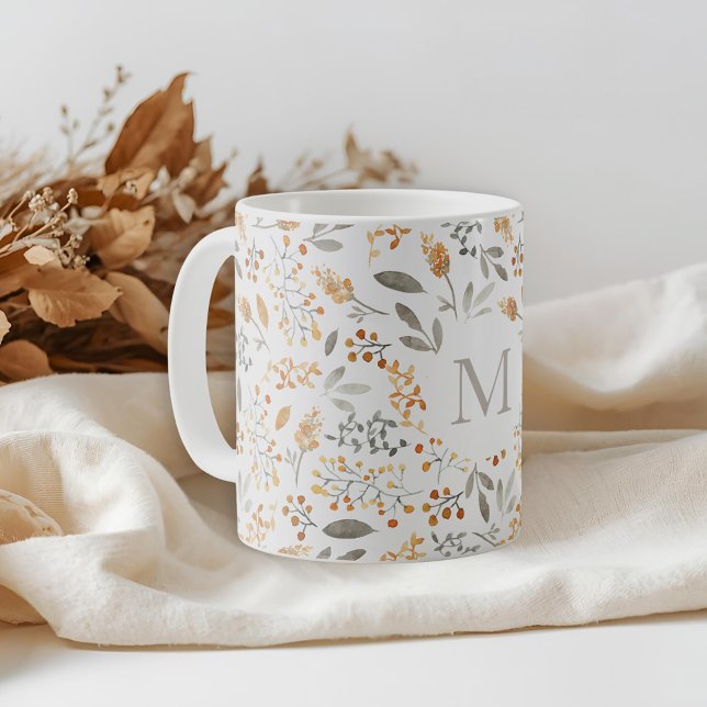 Festive Autumn Watercolor Foliage Initial Coffee Mug (Creator Uploaded)