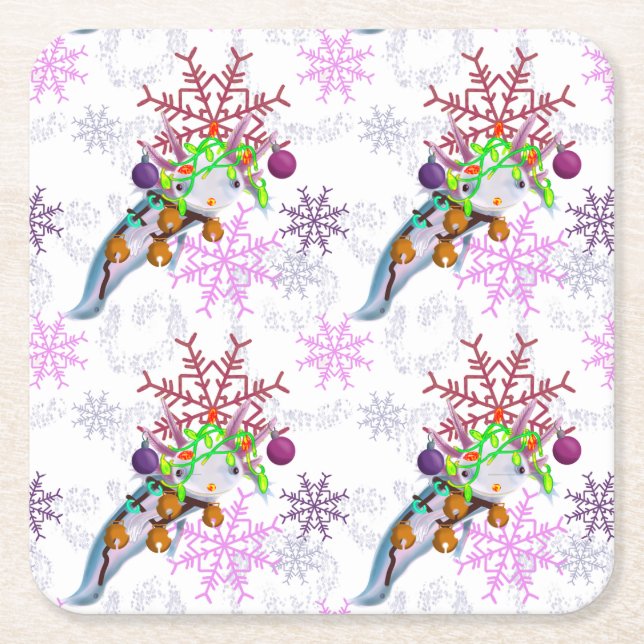 Festive Axlotl Square Paper Coaster (Front)