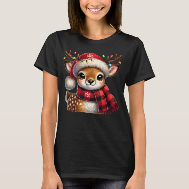Festive Baby Deer with Christmas Lights and Santa  T-Shirt (Front)