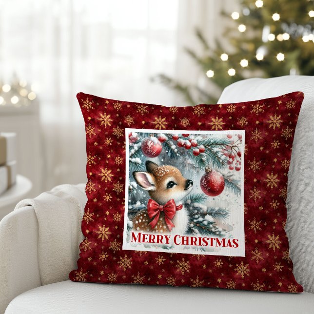 Festive Baby Fawn Winter Scene Kids Room Decor  Cushion (Festive Baby Fawn Winter Scene Kids Room Decor Christmas Pillow

)