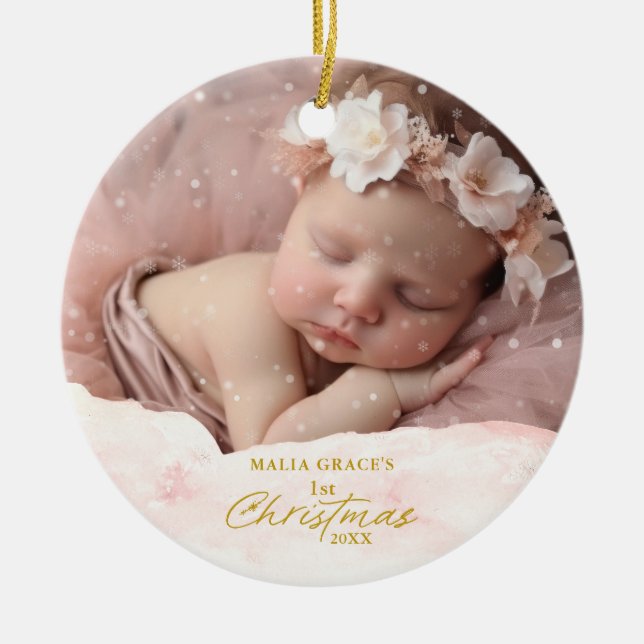 Festive Baby's 1st Christmas Snow Flurry Photo Ceramic Tree Decoration (Front)