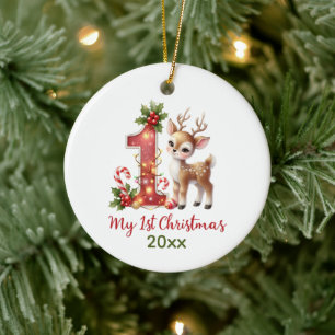 Festive baby's first Christmas add year message Ceramic Tree Decoration