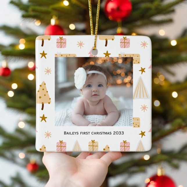 Festive babys first photo Christmas Tree Ornament (christmas gifts babys first christmas tree ornament , minimal editable , special keepsake )