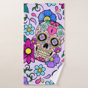 Festive background with sugar skulls, heart and fl bath towel