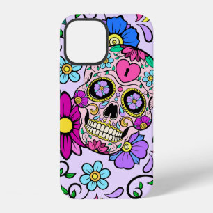 Festive background with sugar skulls, heart and fl iPhone 12 case