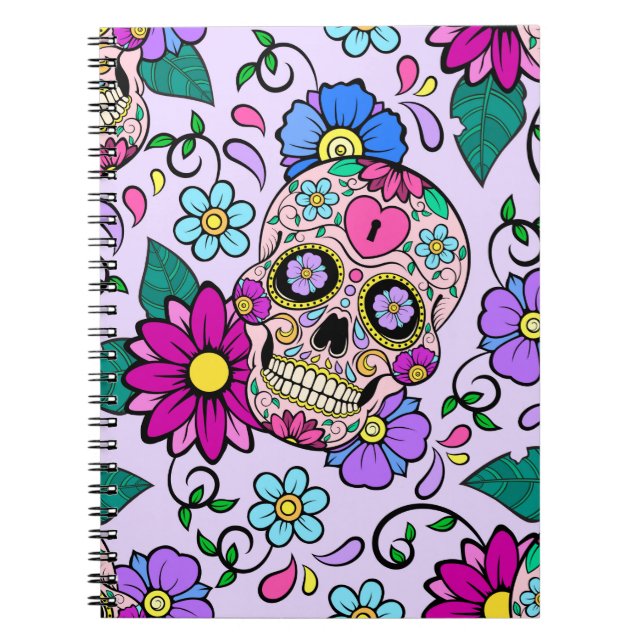 Festive background with sugar skulls, heart and fl notebook (Front)