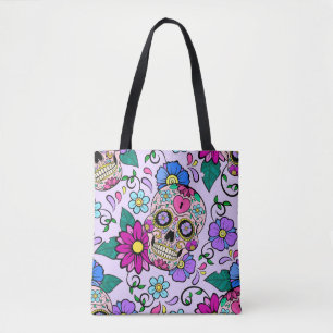 Festive background with sugar skulls, heart and fl tote bag