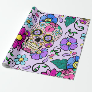 Festive background with sugar skulls, heart and fl wrapping paper
