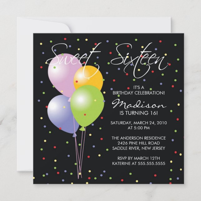Festive Balllons Sweet Sixteen Birthday Inviation Invitation (Front)