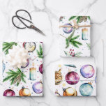 Festive Bauble Watercolor Christmas Wrapping Paper Sheet<br><div class="desc">Wrap your gifts with this festive christmas wrapping paper! Design features watercolor baubles,  winter candles,  fir sprigs and acorns,  holly and red berries.</div>