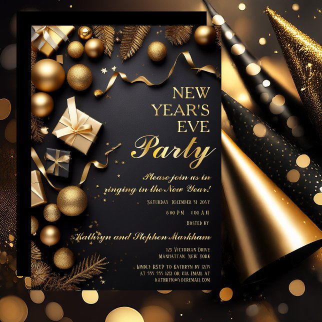 Festive Baubles Black Gold New Years Eve Party (Festive Baubles Black and Gold Tone with Real Gold Foil Text New Year's Eve Party Invitation)