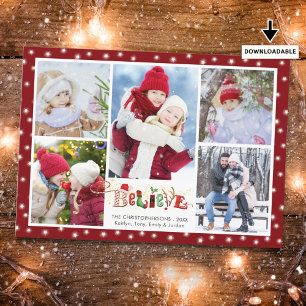 Festive BELIEVE Christmas Spirit 5 Photo Collage Holiday Card