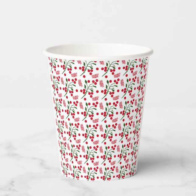 Festive berries and fern leaves pattern paper cups (Back)