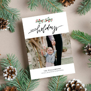 Festive Berries Hand Lettered Happy Holidays Photo Holiday Card