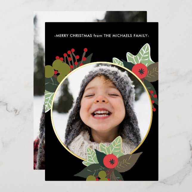 Festive Berry Wreath with Circle Photo Christmas (Front/Back)