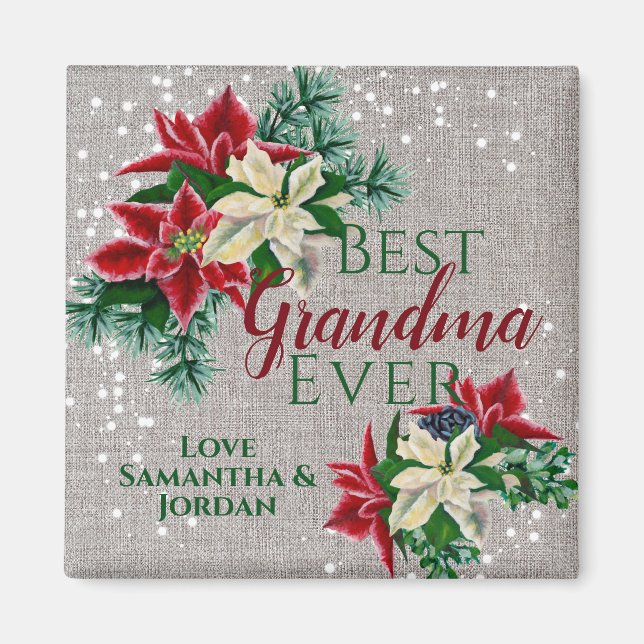 Festive Best Grandma Ever Floral Poinsettia Magnet (Front)