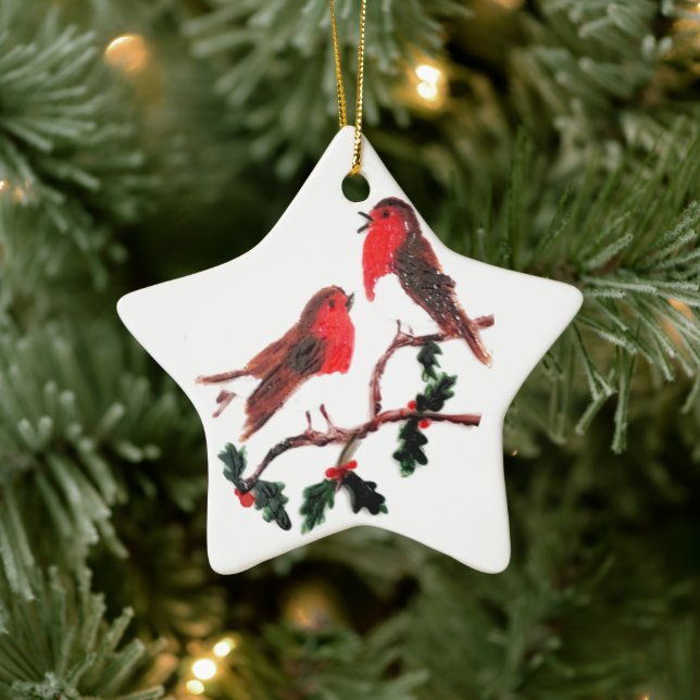 Festive Bird Art, Robin Holly Ceramic Tree Decoration (Tree)