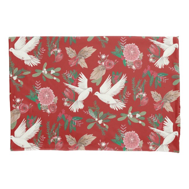 Festive birds red beige Pillow Case (Front)