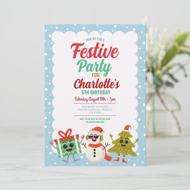 Festive Birthday Invite Snowman Christmas Tree (Standing Front)