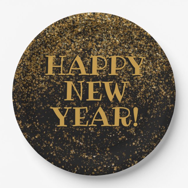 Festive Black and Gold Glitter Happy New Year Paper Plate (Front)