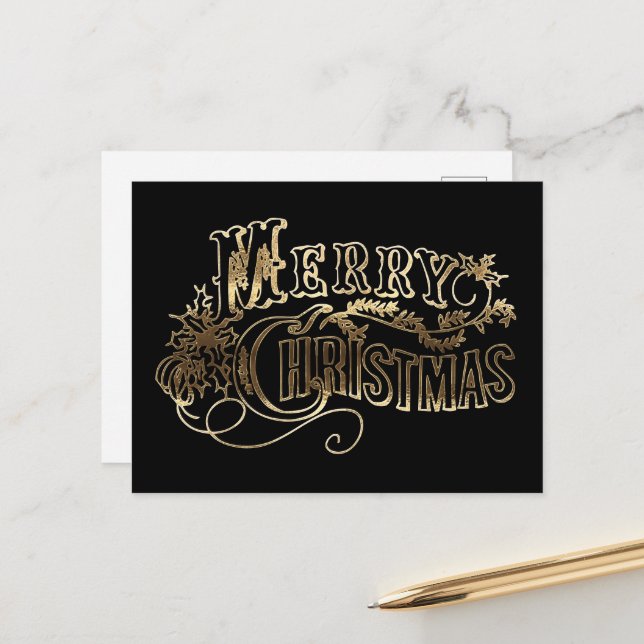 Festive Black and Gold Look Script Merry Christmas Postcard (Front/Back In Situ)