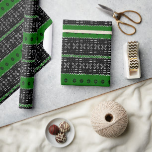 Festive Black  And Green Mudcloth Wrapping Paper