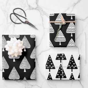 Festive Black and White Holiday Trees Wrapping Pap Paper Sheet