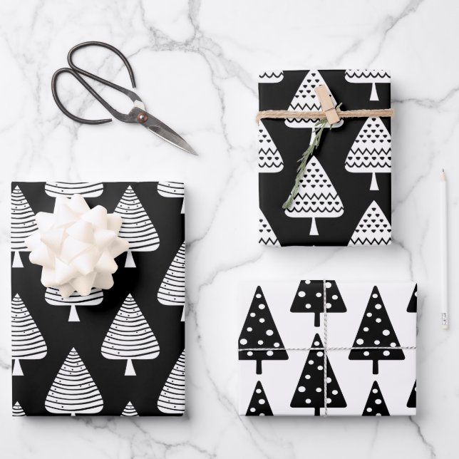 Festive Black and White Holiday Trees Wrapping Pap Wrapping Paper Sheet (Front)
