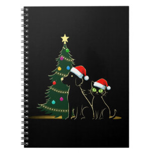 Festive Black Cat and Dog with Santa Hats Christma Notebook
