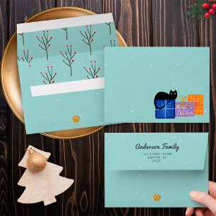 Festive Black Cat Coffee Blue Gold Christmas Envelope