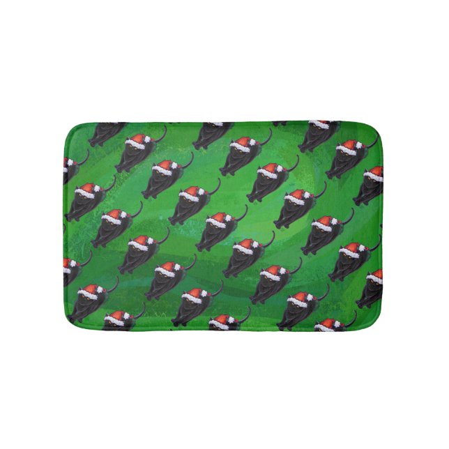 Festive Black Cat Pattern on Green Bath Mat (Front)