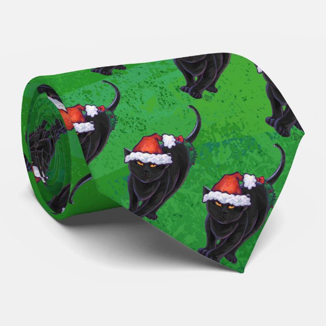 Festive Black Cat Pattern on Green Tie (Rolled)