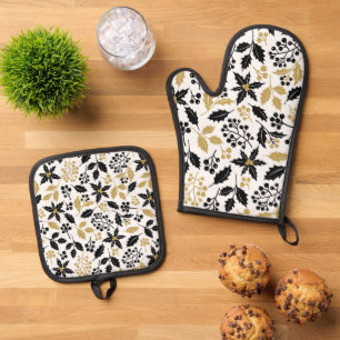 Festive black gold floral pattern oven mitt & pot holder set