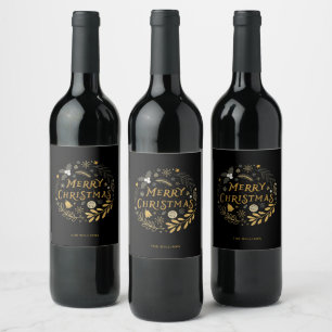 Festive Black &  Gold Merry Christmas  Wine Label