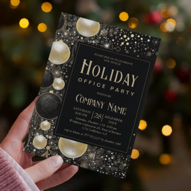 Festive Black Gold Ornaments Holiday Office Party Invitation (Creator Uploaded)