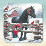 Festive Black Horse and Cardinal Christmas Square Sticker<br><div class="desc">Ai watercolor illustration of a scene on a rustic farm with a black horse and cardinal and a wood fence decorated in pine cones,  berries and garland on a Christmas winter day.</div>